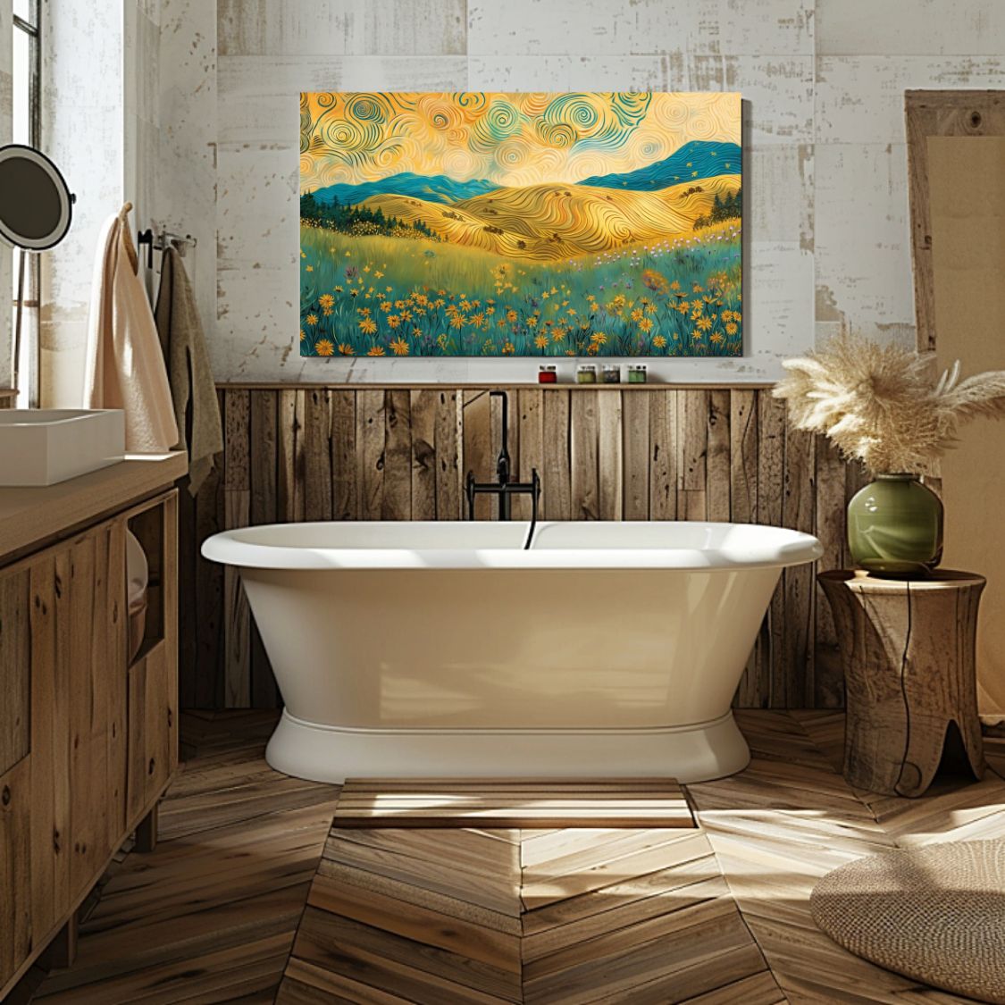 Poster wall art showing 'Swirling Serenity - Sunrise Over Hills of Vibrant Blooms' in a bathroom