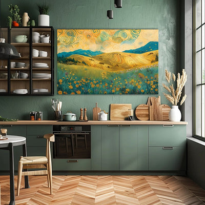 Poster wall art showing 'Swirling Serenity - Sunrise Over Hills of Vibrant Blooms' in a kitchen