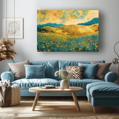 Poster wall art showing 'Swirling Serenity - Sunrise Over Hills of Vibrant Blooms' in a living room