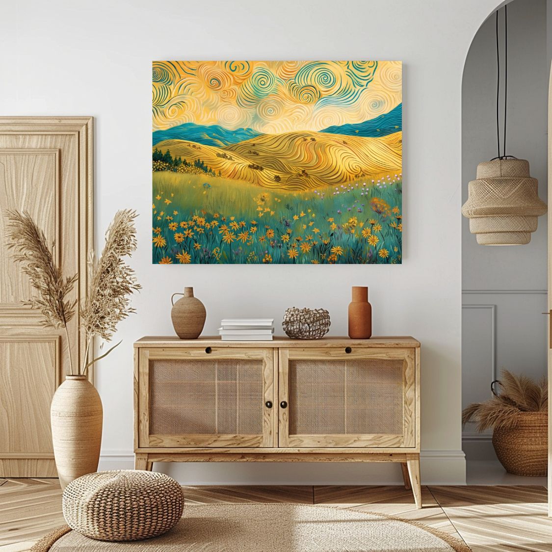 Poster wall art showing 'Swirling Serenity - Sunrise Over Hills of Vibrant Blooms' in an entryway