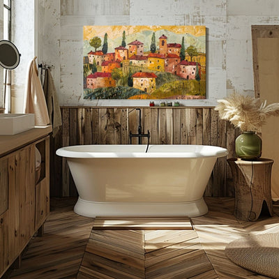 Poster wall art showing 'Textured Tuscany - Impasto Style Village' in a bathroom