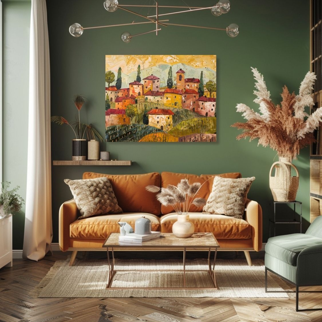 Poster wall art showing 'Textured Tuscany - Impasto Style Village' in a green living room