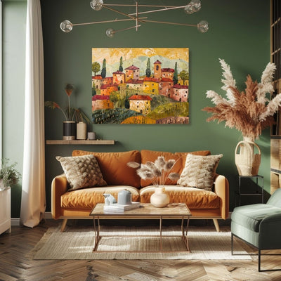 Poster wall art showing 'Textured Tuscany - Impasto Style Village' in a green living room