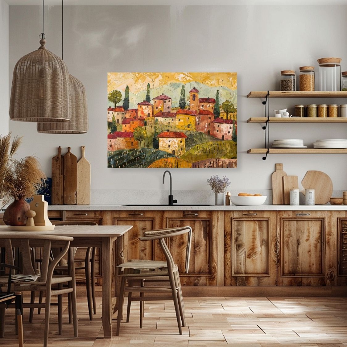 Poster wall art showing 'Textured Tuscany - Impasto Style Village' in a kitchen