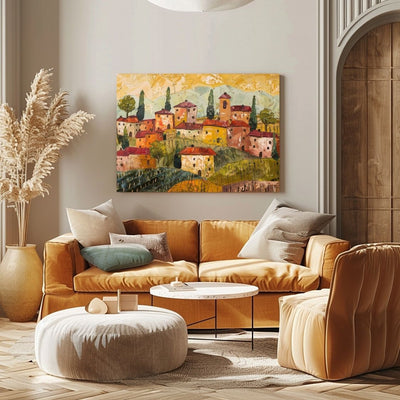 Poster wall art showing 'Textured Tuscany - Impasto Style Village' in a living room