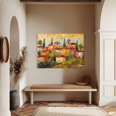 Poster wall art showing 'Textured Tuscany - Impasto Style Village' in an entryway