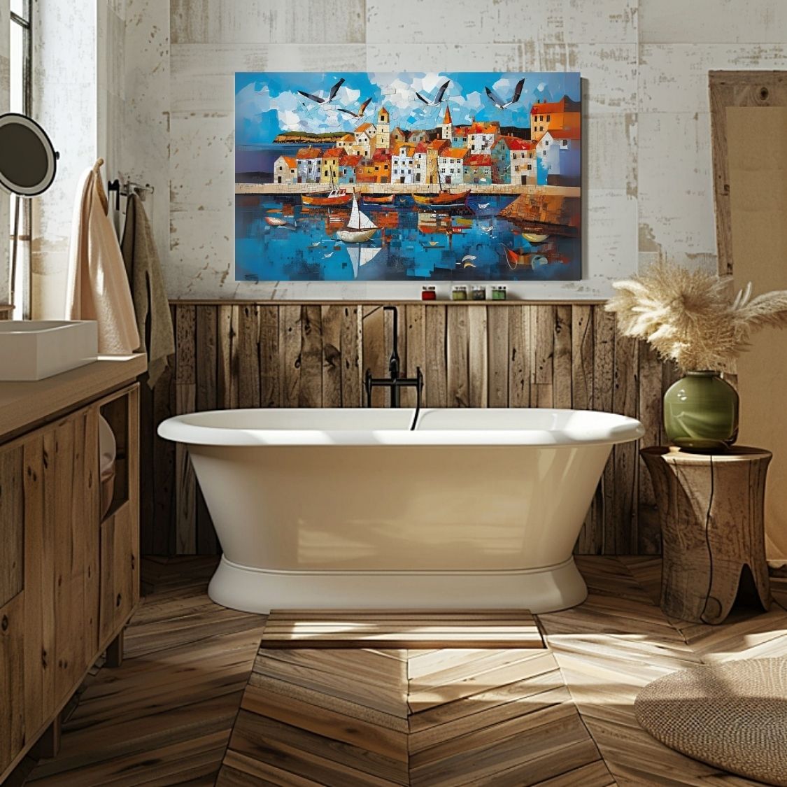 Poster wall art showing 'Tide and Tiles - Coastal Village Art Mosaic' in a bathroom