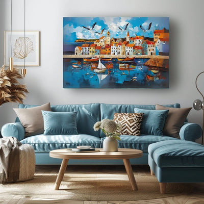 Poster wall art showing 'Tide and Tiles - Coastal Village Art Mosaic' in a blue living room