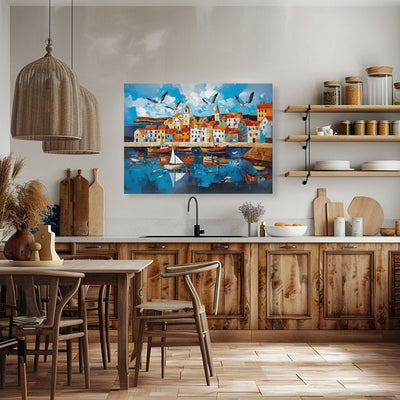 Poster wall art showing 'Tide and Tiles - Coastal Village Art Mosaic' in a kitchen