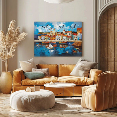 Poster wall art showing 'Tide and Tiles - Coastal Village Art Mosaic' in a living room