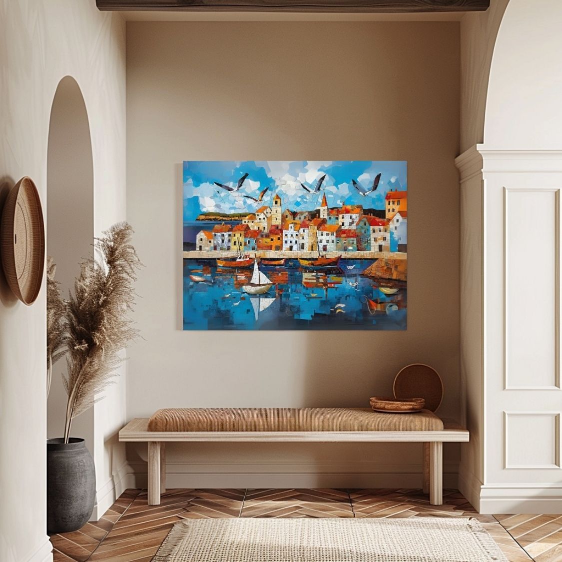 Poster wall art showing 'Tide and Tiles - Coastal Village Art Mosaic' in an entryway