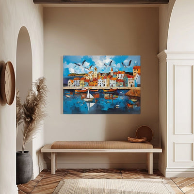 Poster wall art showing 'Tide and Tiles - Coastal Village Art Mosaic' in an entryway