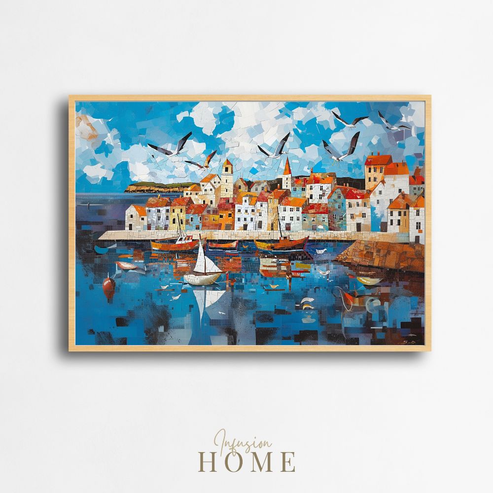 Poster wall art showing 'Tide and Tiles - Coastal Village Art Mosaic'