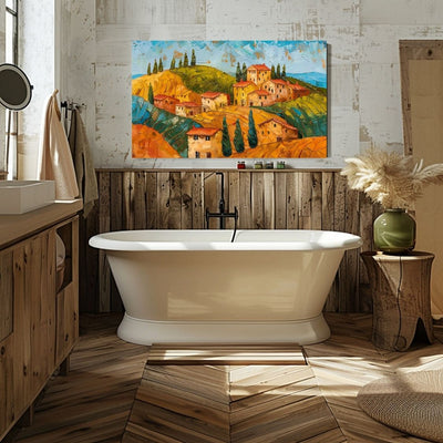 Poster wall art showing 'Tuscan Textures - Warm Colors of Summer' in a bathroom