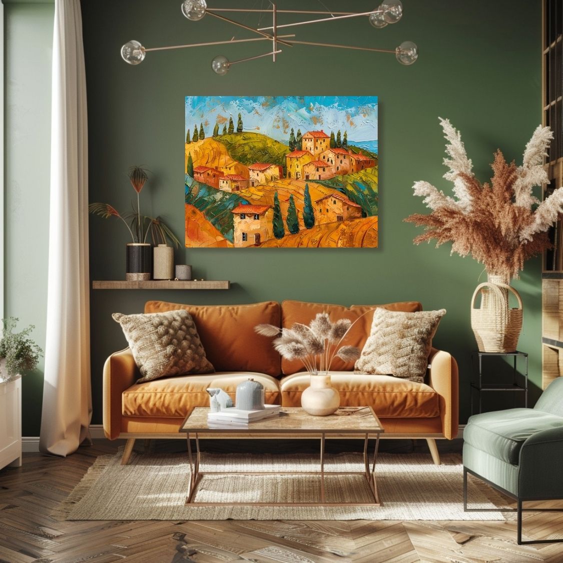 Poster wall art showing 'Tuscan Textures - Warm Colors of Summer' in a green living room