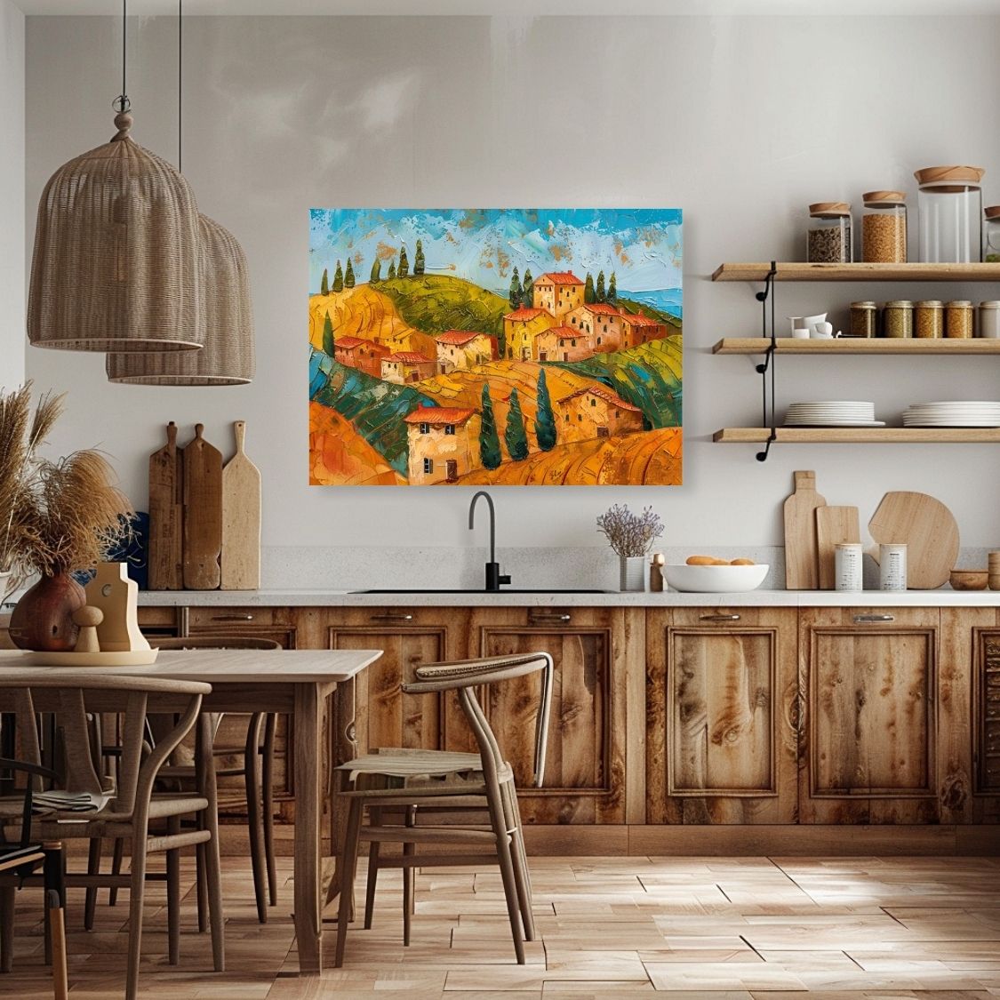 Poster wall art showing 'Tuscan Textures - Warm Colors of Summer' in a kitchen