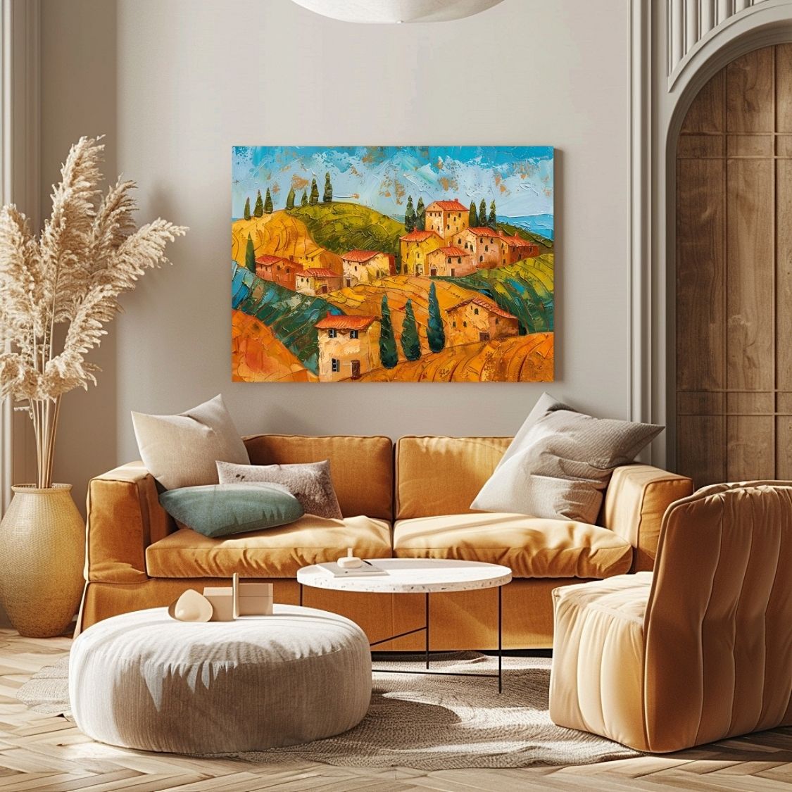 Poster wall art showing 'Tuscan Textures - Warm Colors of Summer' in a living room