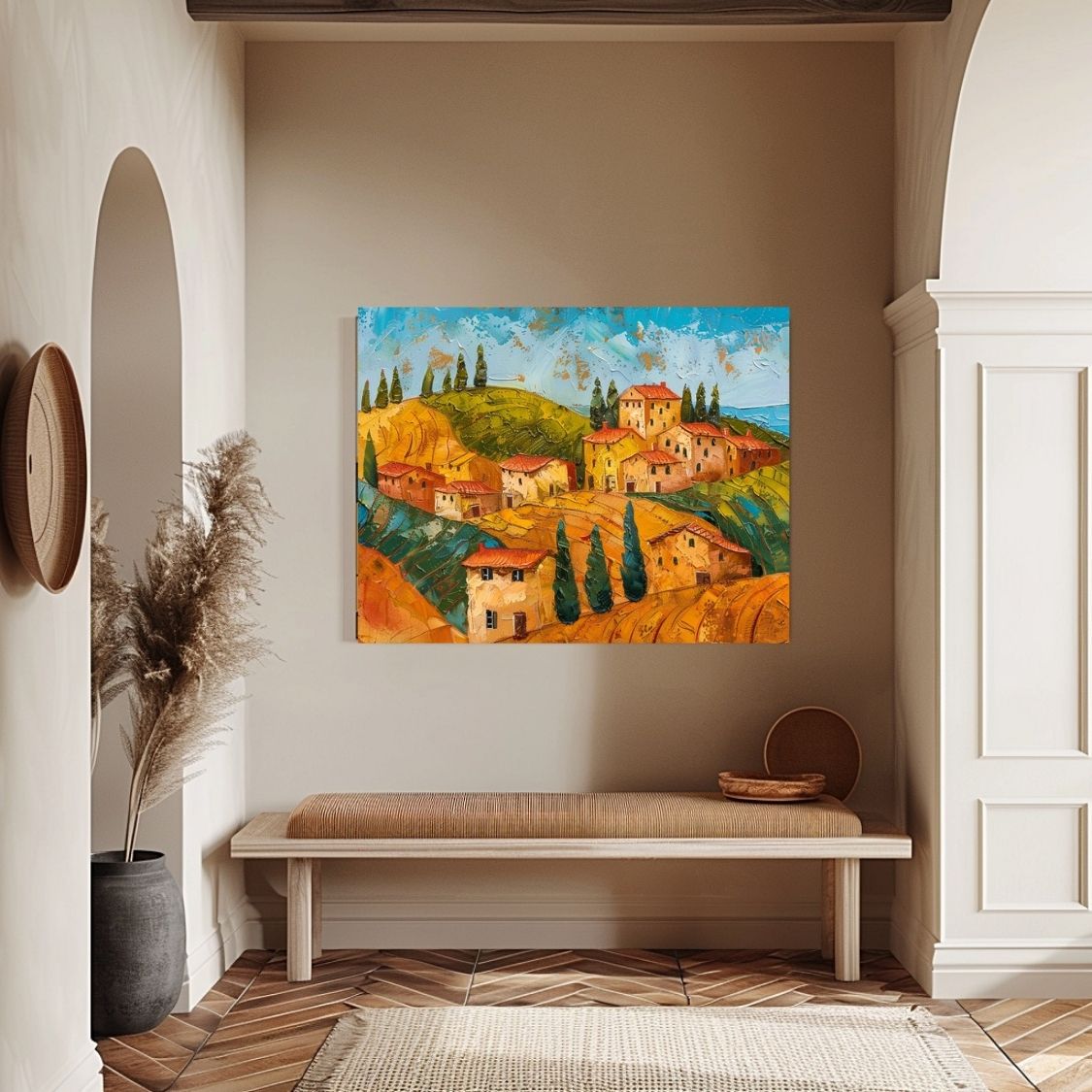 Poster wall art showing 'Tuscan Textures - Warm Colors of Summer' in an entryway