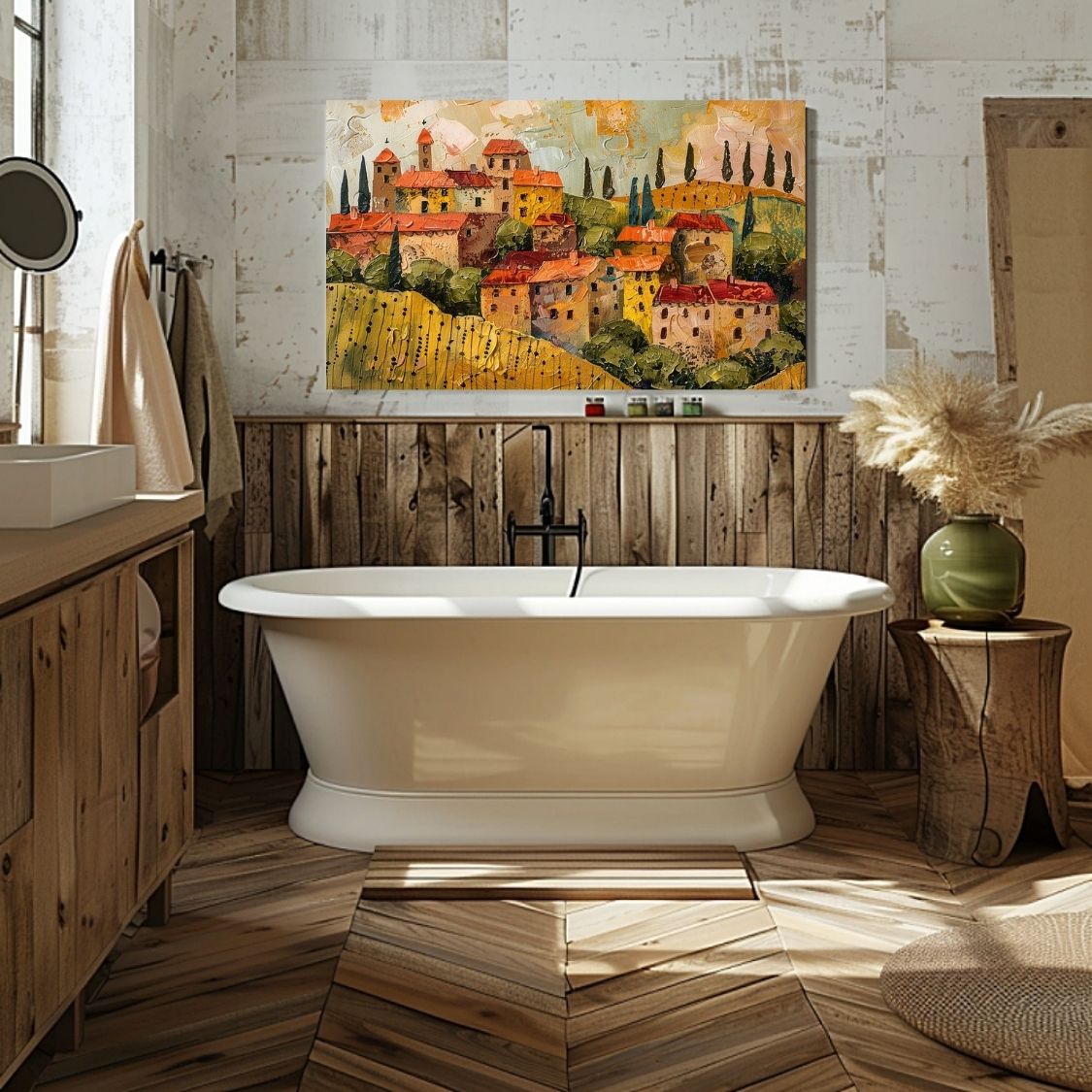 Poster wall art showing 'Tuscan Tranquility - Textured Village Painting' in a bathroom