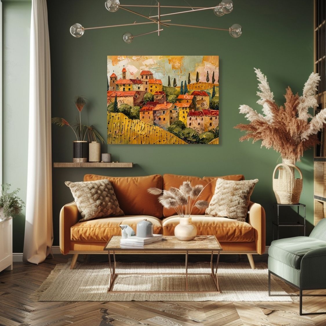 Poster wall art showing 'Tuscan Tranquility - Textured Village Painting' in a green living room