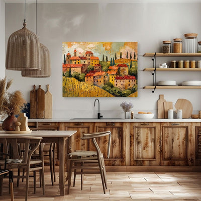 Poster wall art showing 'Tuscan Tranquility - Textured Village Painting' in a kitchen