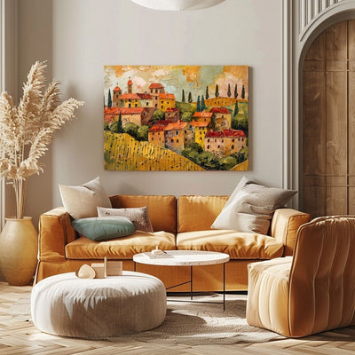 Poster wall art showing 'Tuscan Tranquility - Textured Village Painting' in a living room