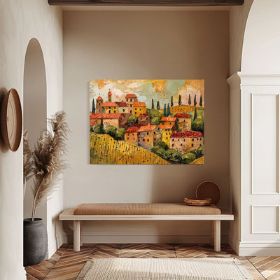 Poster wall art showing 'Tuscan Tranquility - Textured Village Painting' in an entryway