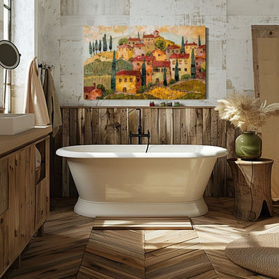 Poster wall art showing 'Under the Tuscan Sun - Village Impressions' in a bathroom