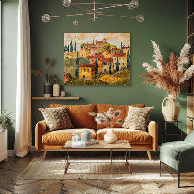 Poster wall art showing 'Under the Tuscan Sun - Village Impressions' in a green living room