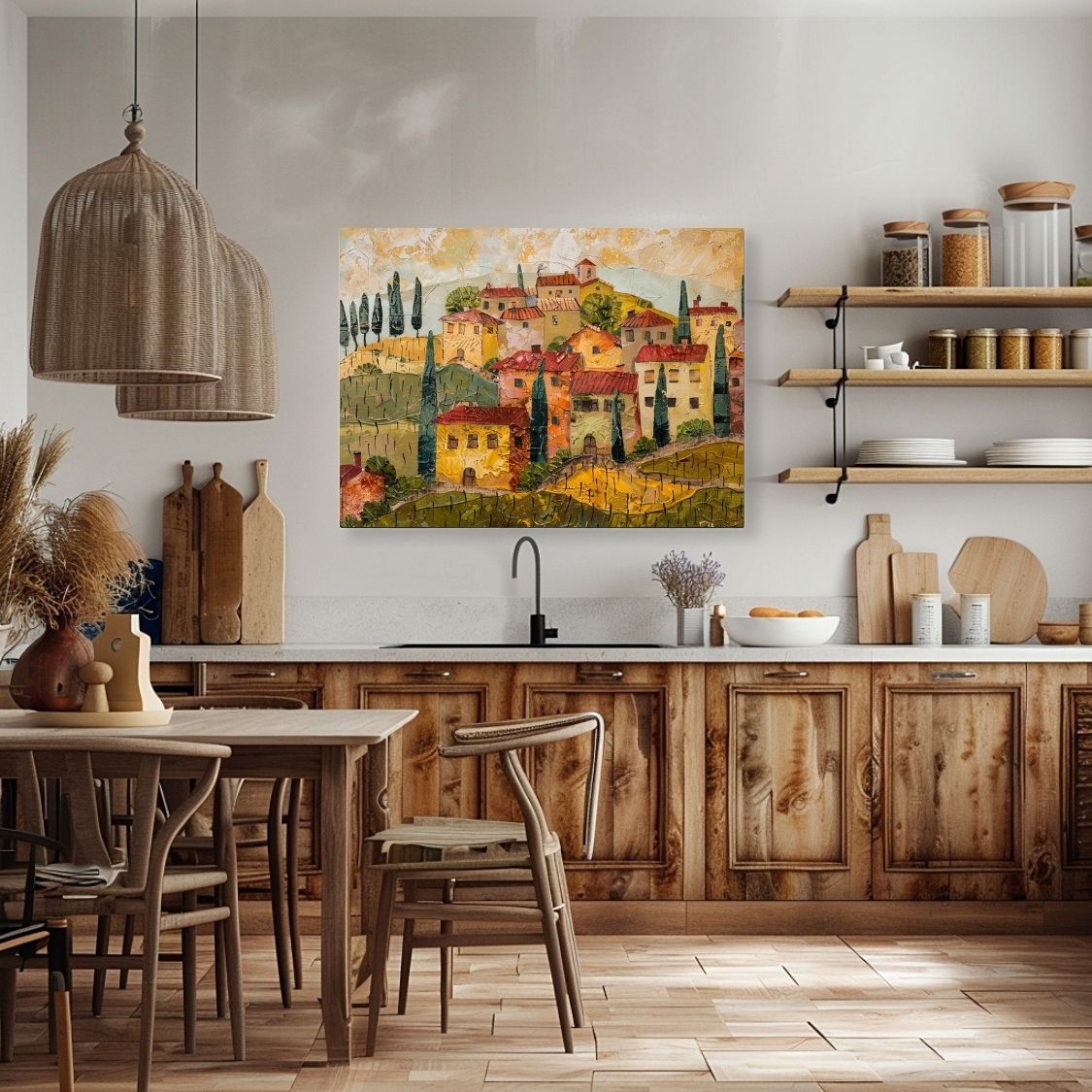 Poster wall art showing 'Under the Tuscan Sun - Village Impressions' in a kitchen