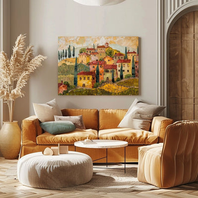 Poster wall art showing 'Under the Tuscan Sun - Village Impressions' in a iving room