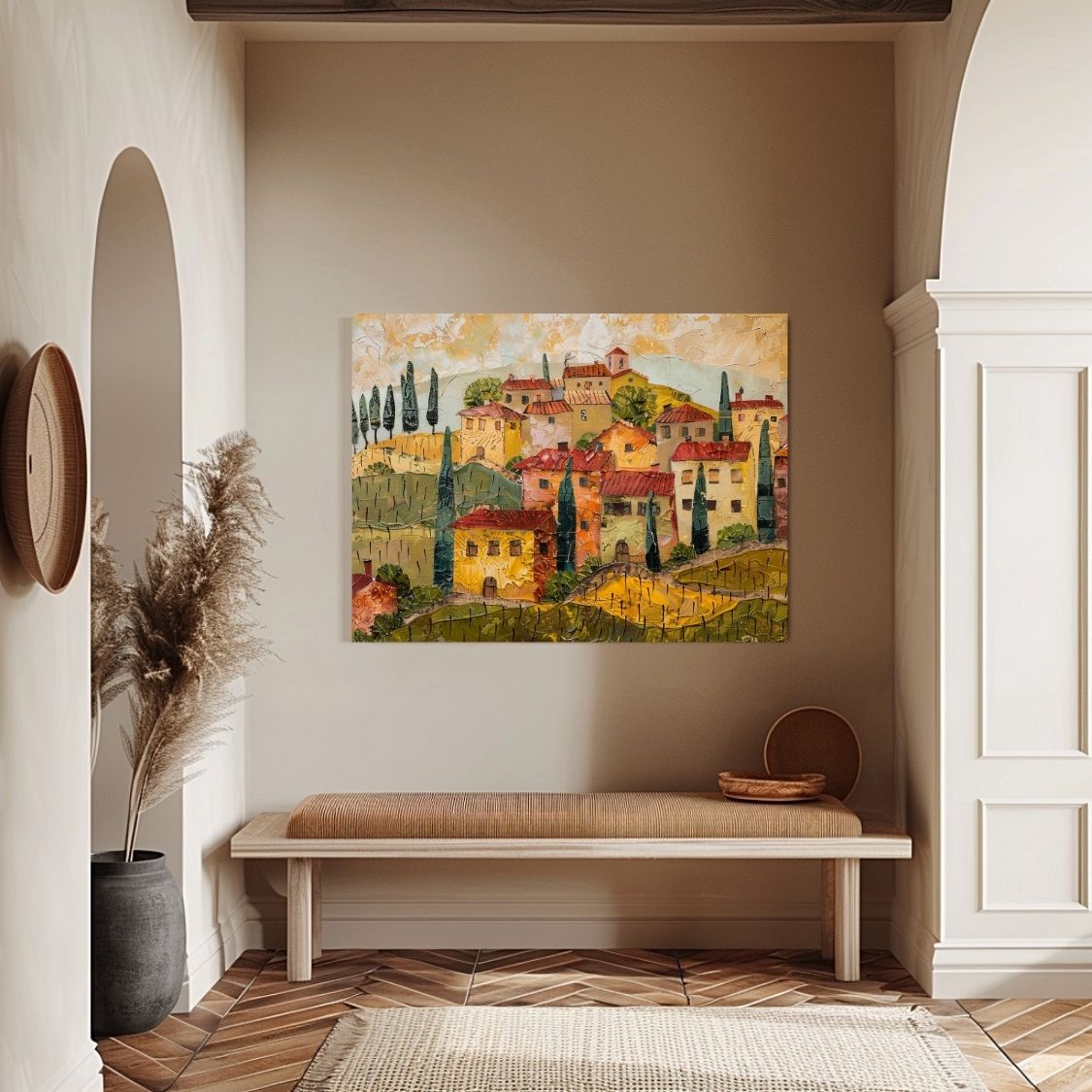 Poster wall art showing 'Under the Tuscan Sun - Village Impressions' in an entryway