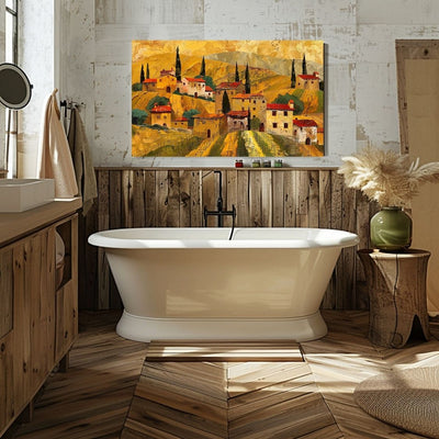 Poster wall art showing 'Village Vines - Tuscan Summer Art' in a bathroom