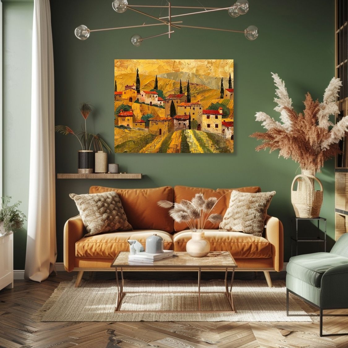 Poster wall art showing 'Village Vines - Tuscan Summer Art' in a green living room