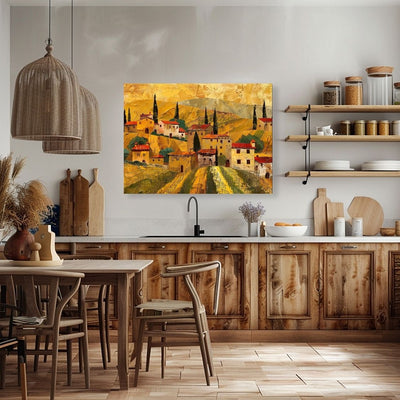 Poster wall art showing 'Village Vines - Tuscan Summer Art' in a kitchen