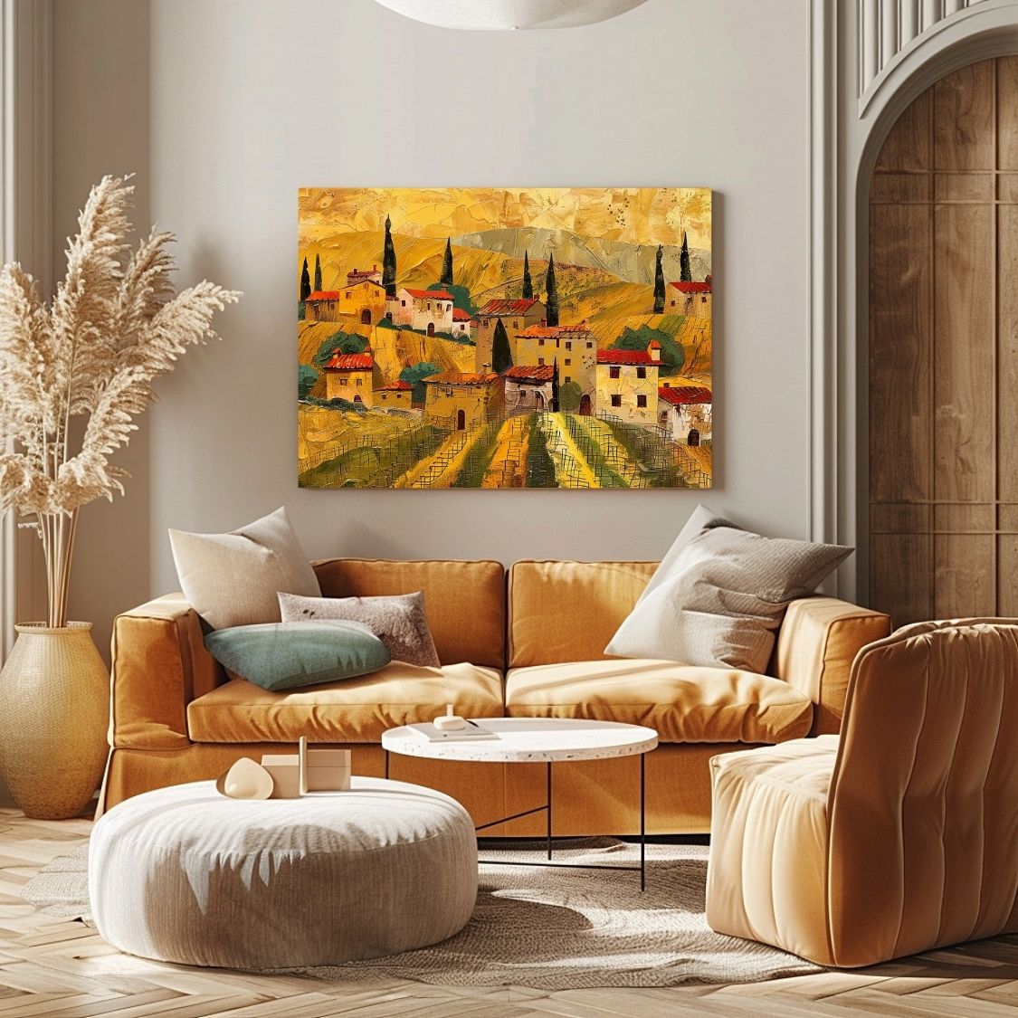 Poster wall art showing 'Village Vines - Tuscan Summer Art' in a living room