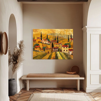 Poster wall art showing 'Village Vines - Tuscan Summer Art' in an entryway