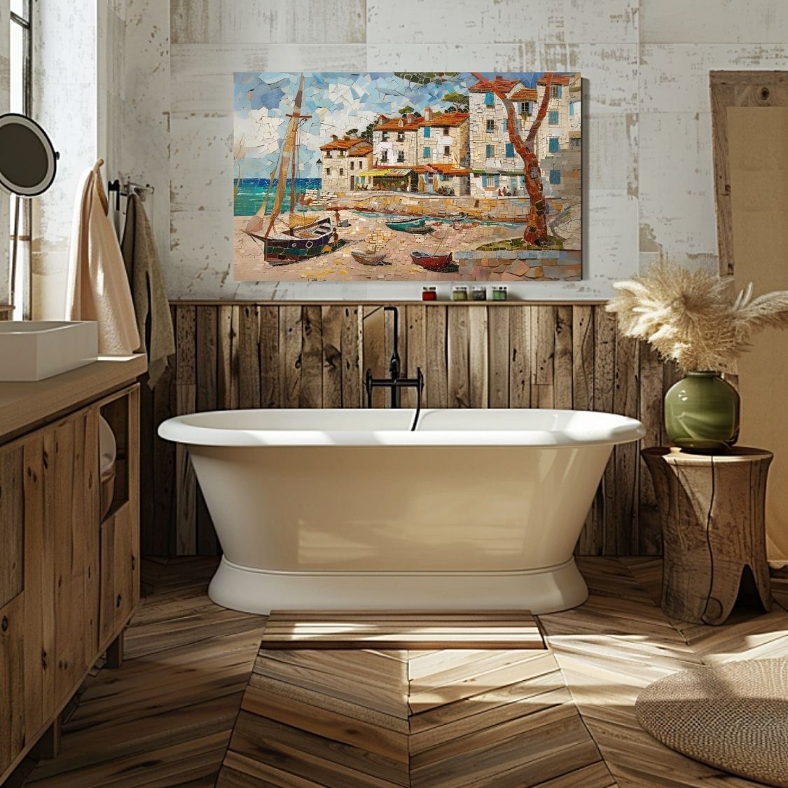 Poster wall art showing 'Village Vista - Seaside Mosaic Masterpiece' in a bathroom