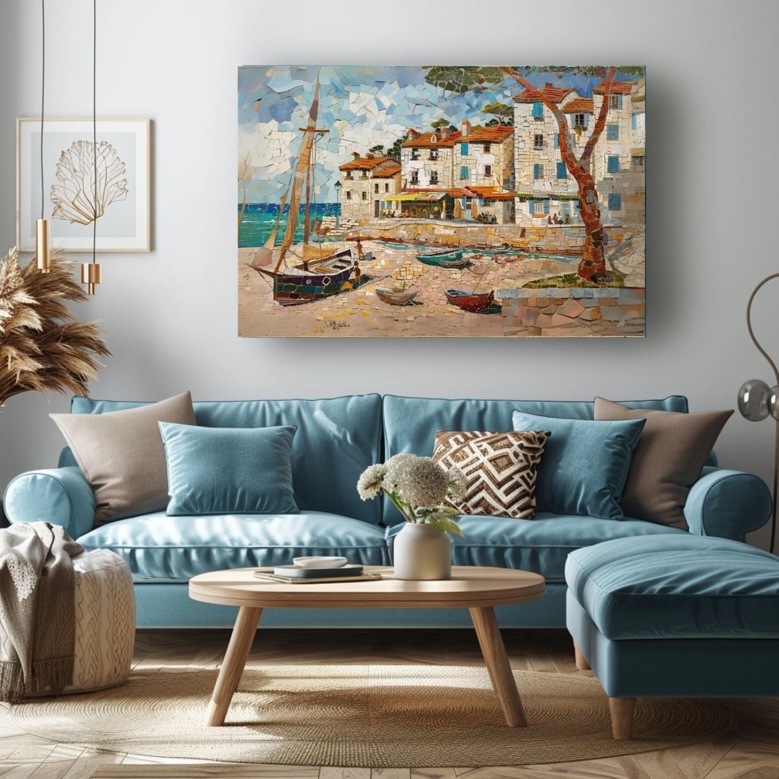 Poster wall art showing 'Village Vista - Seaside Mosaic Masterpiece' in a blue living room