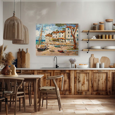 Poster wall art showing 'Village Vista - Seaside Mosaic Masterpiece' in a kitchen