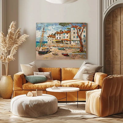 Poster wall art showing 'Village Vista - Seaside Mosaic Masterpiece' in a living room