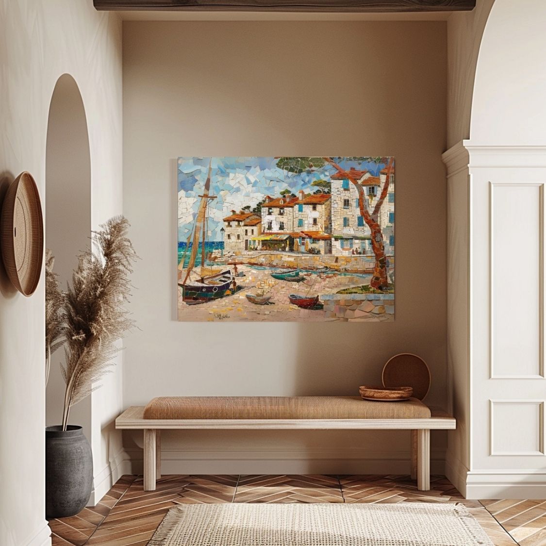 Poster wall art showing 'Village Vista - Seaside Mosaic Masterpiece' in an entryway