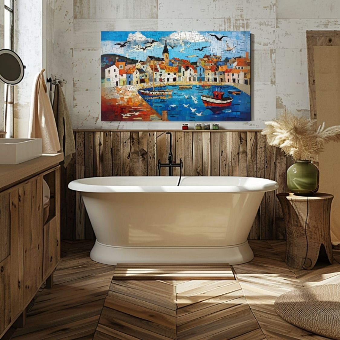 Poster wall art showing 'Wharf Whispers - Seaside Village Art' in a bathroom