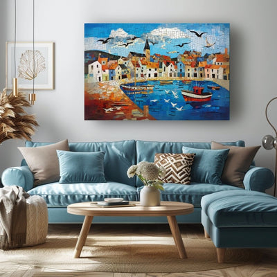 Poster wall art showing 'Wharf Whispers - Seaside Village Art' in a blue living room