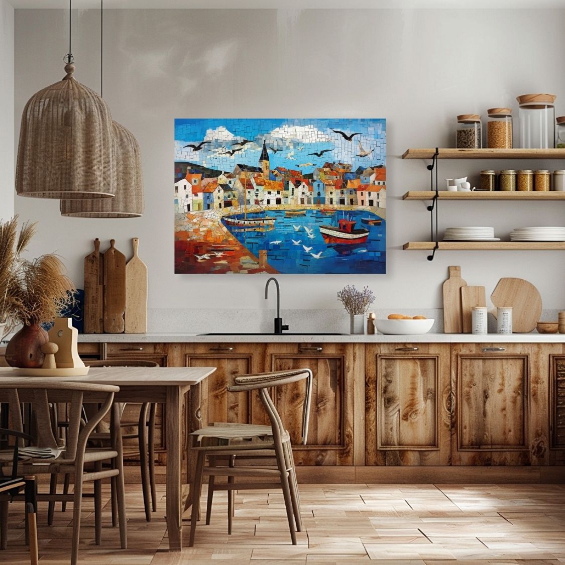 Poster wall art showing 'Wharf Whispers - Seaside Village Art' in a kitchen