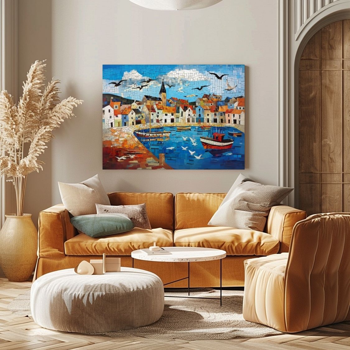 Poster wall art showing 'Wharf Whispers - Seaside Village Art' in a living room