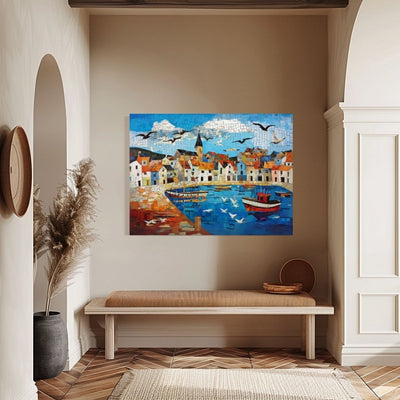 Poster wall art showing 'Wharf Whispers - Seaside Village Art' in an entryway