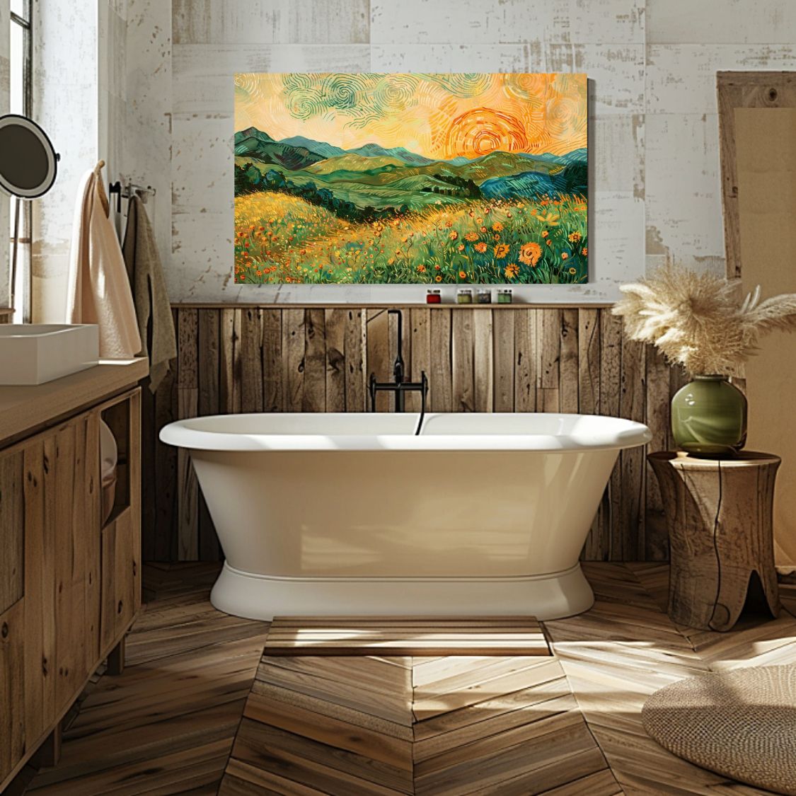 Poster wall art showing 'Whimsical Meadow - Sunrise over Blooming Rolling Hills' in a bathroom