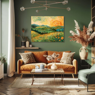 Poster wall art showing 'Whimsical Meadow - Sunrise over Blooming Rolling Hills' in a green living room