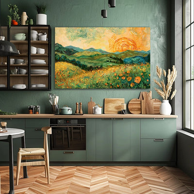 Poster wall art showing 'Whimsical Meadow - Sunrise over Blooming Rolling Hills' in a kitchen